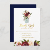 Rustic Mason Jar Burgundy Marine Gold Wedding RSVP (Devant / Derrière)