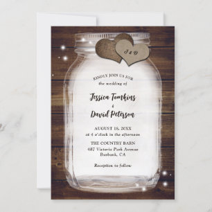 Rustic Mason Jar Burlap Hearts Barn Wood Wedding Kaart