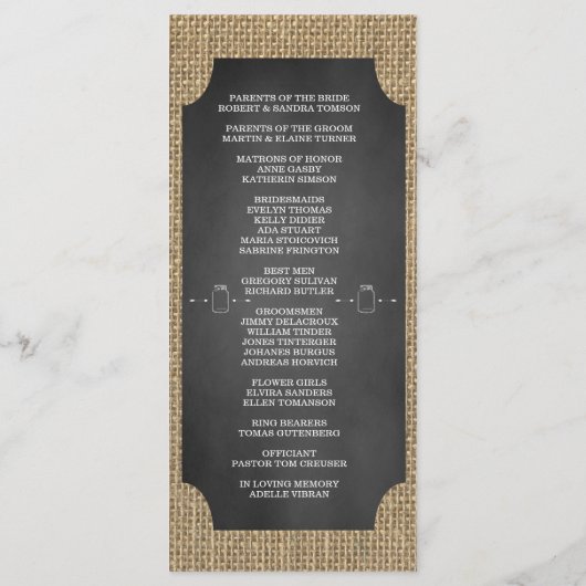 Rustic Mason Jar Burlap Programme de mariage perso (Dos)