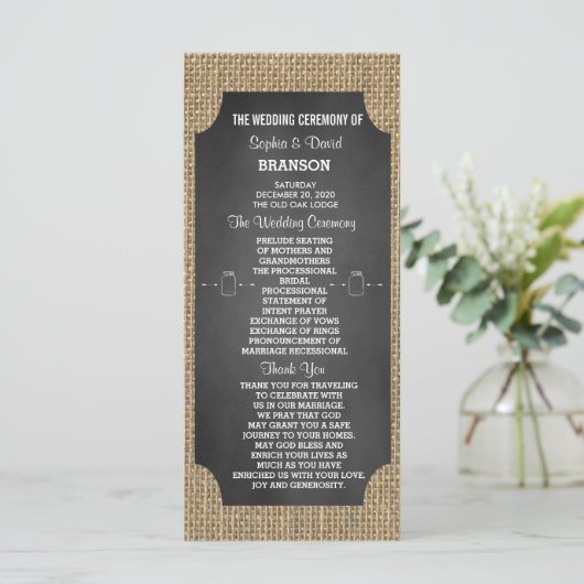 Rustic Mason Jar Burlap Programme de mariage perso (Debout devant)
