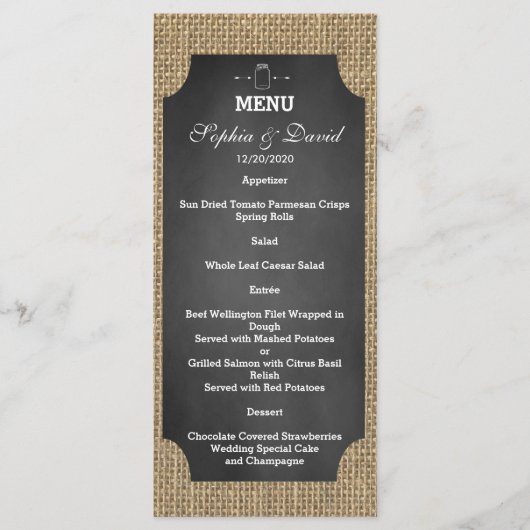 Rustic Mason Jar Burlap Wedding Menu (Voorkant)