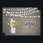 Rustic Mason Jar Couples Wedding shower Invitation<br><div class="desc">Une invitation à la wedding shower rustique en couple avec jarre de mason,  fleurs violettes et jaunes,  et lampes à cordes sur un arrière - plan en bois.</div>