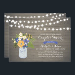 Rustic Mason Jar Couples Wedding shower Invitation<br><div class="desc">Une invitation à la wedding shower rustique en couple avec jarre de mason,  fleurs violettes et jaunes,  et lampes à cordes sur un arrière - plan en bois.</div>