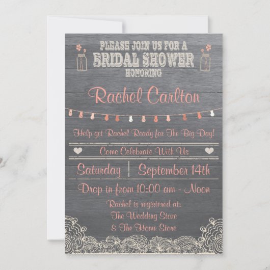 Rustic Mason Jar Douche nuptiale Invitation Coral (Devant)