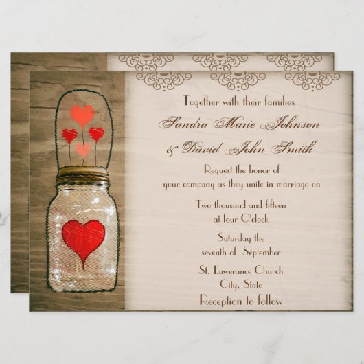 Rustic Mason Jar et Faire-part de mariage des coeu (Devant / Derrière)