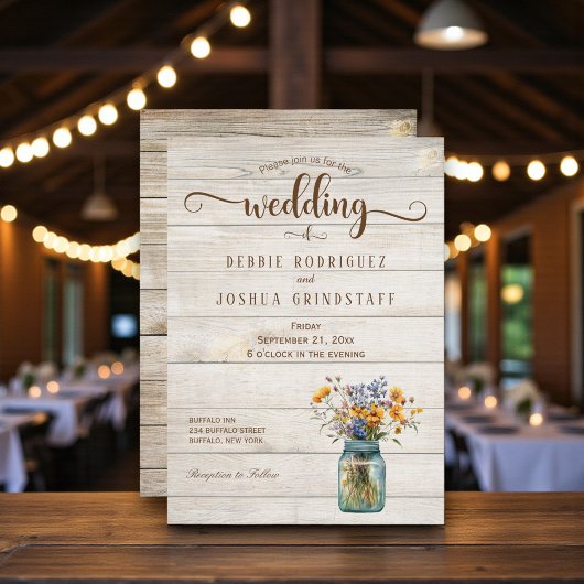 Rustic Mason Jar Floral on Wood Wedding Invitation