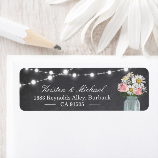 Rustic Mason Jar Floral String Lights Chalkboard Etiket (Insitu)