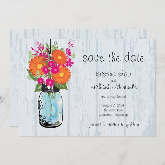 Rustic Mason Jar Gerber Daisies Save the Date (Voorkant / Achterkant)