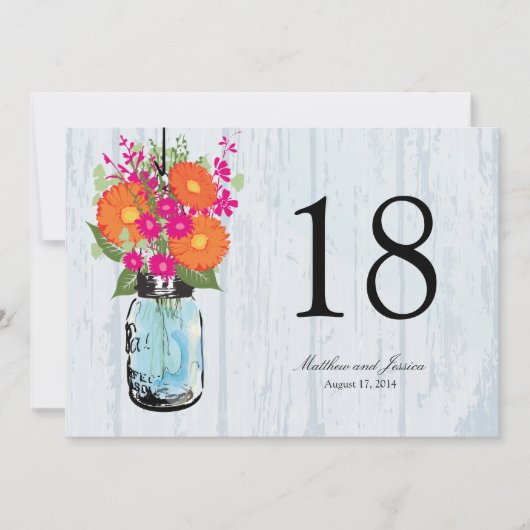 Rustic Mason Jar Gerber Daisies Table Number Kaart (Voorkant)