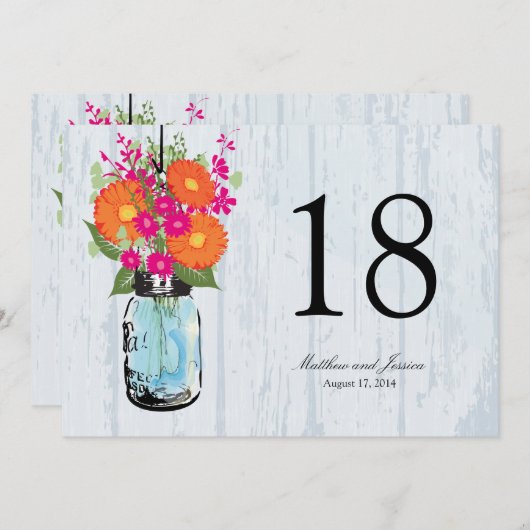 Rustic Mason Jar Gerber Daisies Table Number Kaart (Voorkant / Achterkant)