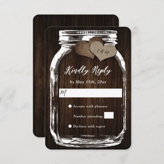 Rustic Mason Jar Grange Bois Burlap Mariage RSVP (Devant / Derrière)