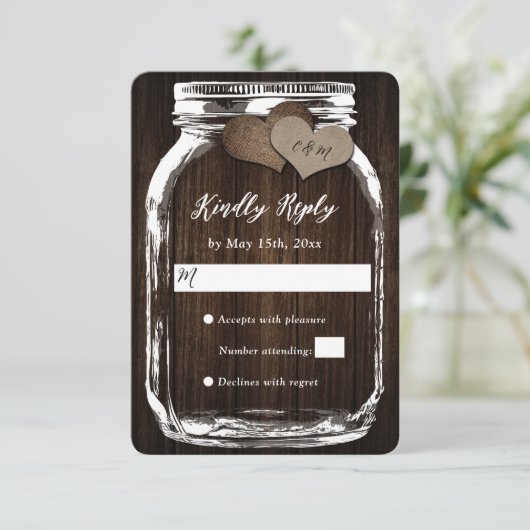 Rustic Mason Jar Grange Bois Burlap Mariage RSVP (Debout devant)
