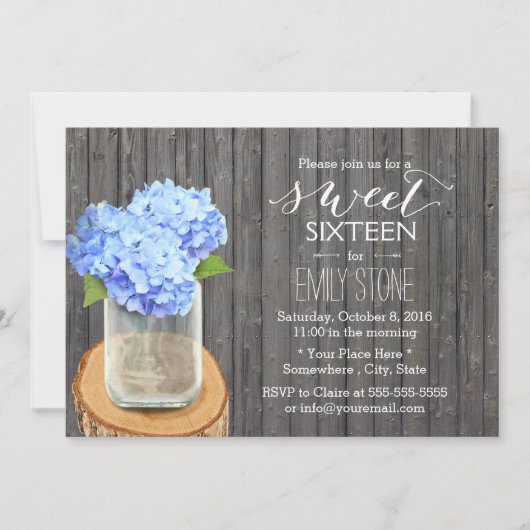 Rustic Mason Jar Hydrangea Barn Wood Sweet 16 Kaart (Voorkant)