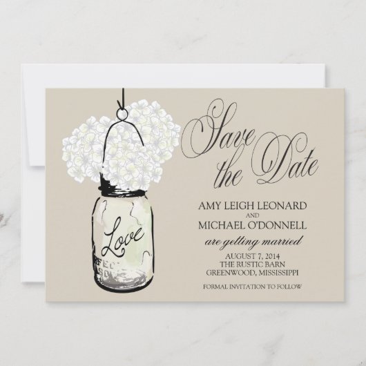 Rustic Mason Jar Hydrangrea Save the Date Kaart (Voorkant)