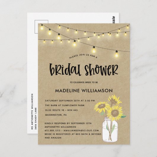 Rustic Mason Jar Kraft Invitation à la douche nupt (Devant / Derrière)