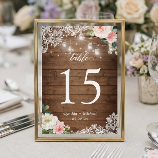 Rustic Mason Jar Light Floral Wedding Table Number RSVP Kaartje