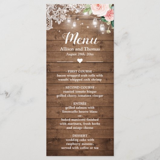 Rustic Mason Jar Lights Blush Floral Lace Wedding Menu (Voorkant)