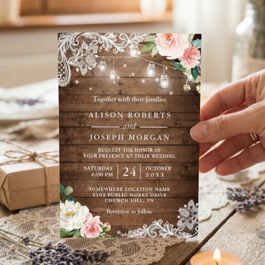 Rustic Mason Jar Lights Floral Lace Wedding Kaart