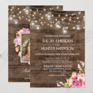 Rustic Mason Jar Lights Foto Blush Floral Wedding Kaart