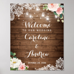 Rustic Mason Jar Lights Lace Floral Wedding Sign Poster