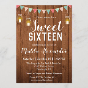 Rustic Mason Jar Lights Sweet 16 Birthday Party Kaart