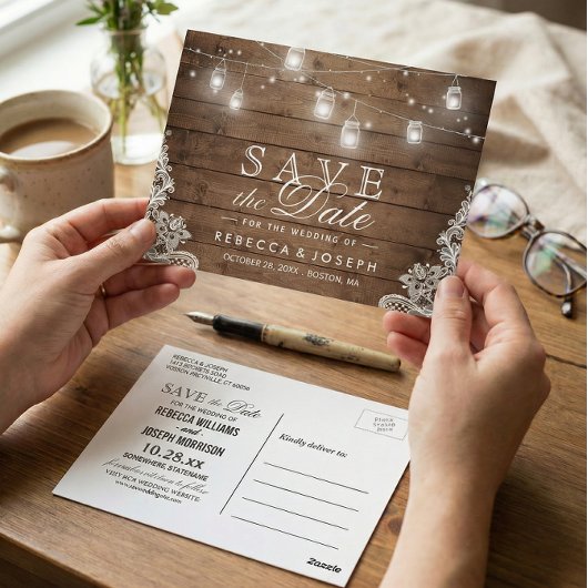 Rustic Mason Jar Lights Wedding Save the Date Briefkaart