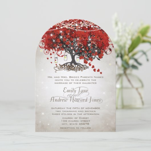 Rustic Mason Jar Red Heart Leaf Tree Wedding Kaart (Staand voorkant)