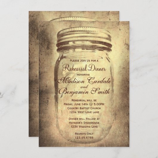 Rustic Mason Jar Rehearsal Dîner Invitations (Devant / Derrière)