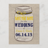 Rustic Mason Jar Save the Date Gele Marine Aankondigingskaart (Voorkant)