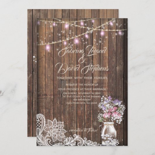 Rustic Mason Jar String licht de BarefootBride™ Kaart (Voorkant / Achterkant)