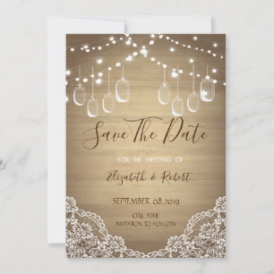 Rustic Mason Jar, String Lights, Lace sparen de da Save The Date