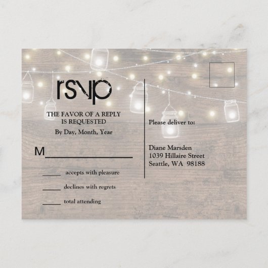 Rustic Mason Jar String Lights  RSVP Uitnodiging Briefkaart (Achterkant)