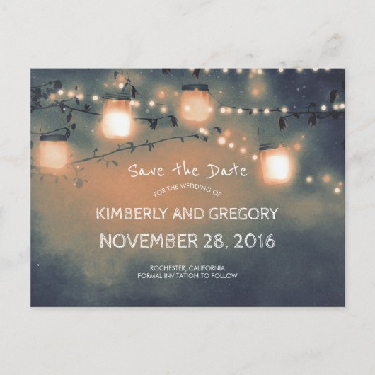 Rustic Mason Jar String Lights Save the Date Aankondigingskaart (Voorkant)