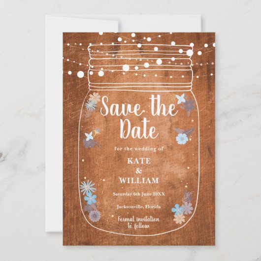 Rustic Mason Jar String Lights Save the Date Kaart (Voorkant)