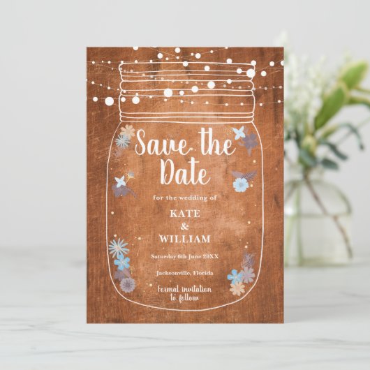 Rustic Mason Jar String Lights Save the Date Kaart (Staand voorkant)