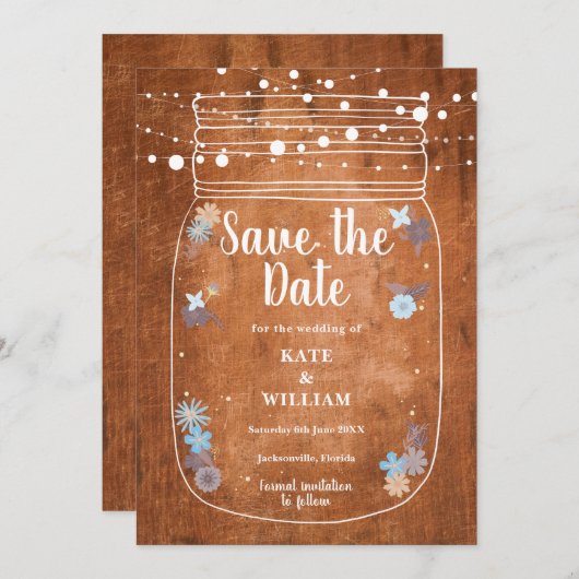 Rustic Mason Jar String Lights Save the Date Kaart (Voorkant / Achterkant)