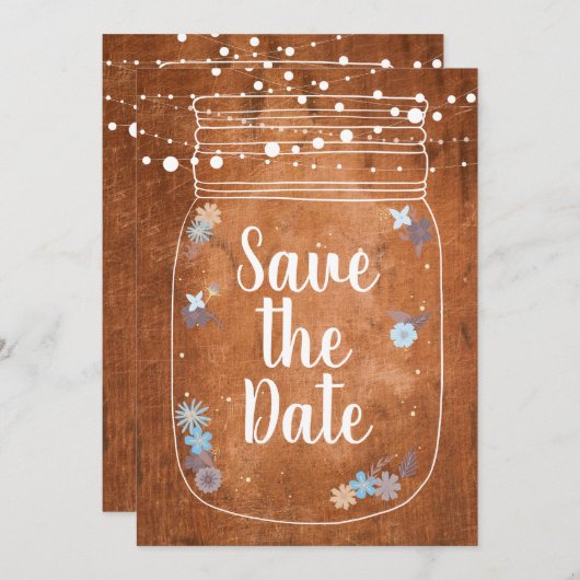Rustic Mason Jar String Lights Save the Date Kaart (Voorkant / Achterkant)