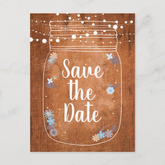 Rustic Mason Jar String Lights Save the Date Uitnodiging Briefkaart (Voorkant)