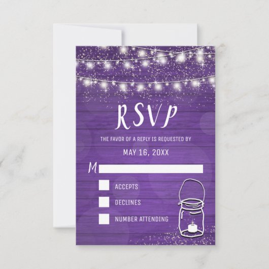 Rustic Mason Jar String Lights Violet Wedding RSVP Kaartje (Voorkant)