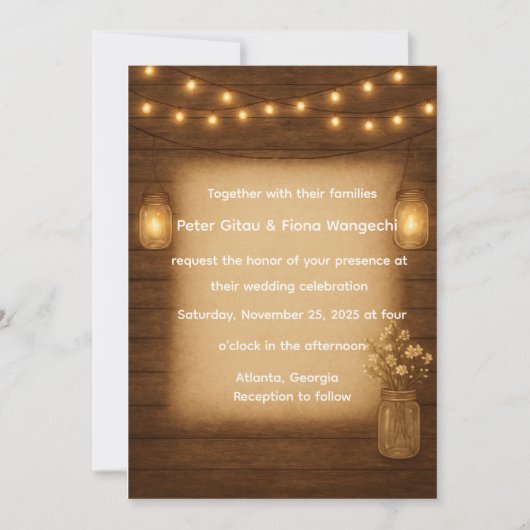 Rustic Mason Jar String Lights Wedding Kaart (Voorkant)