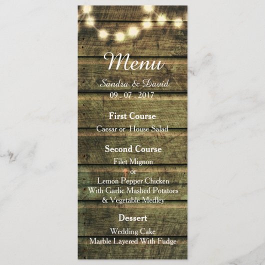 Rustic Mason Jar String of Lights Wedding Menu (Voorkant)