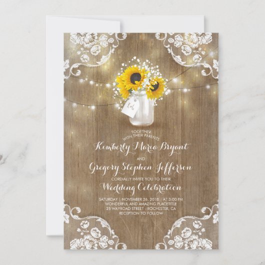Rustic Mason Jar Sunflower Invitations de mariage (Devant)