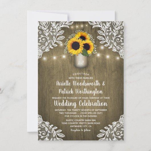 Rustic Mason Jar Sunflower Invitations de mariage (Devant)
