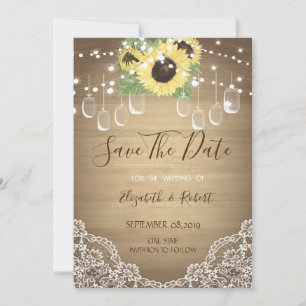 Rustic Mason Jar, Sunflower, Lace Save the Date