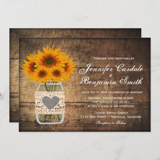 Rustic Mason Jar Sunflower Wedding Invitting Kaart (Voorkant / Achterkant)