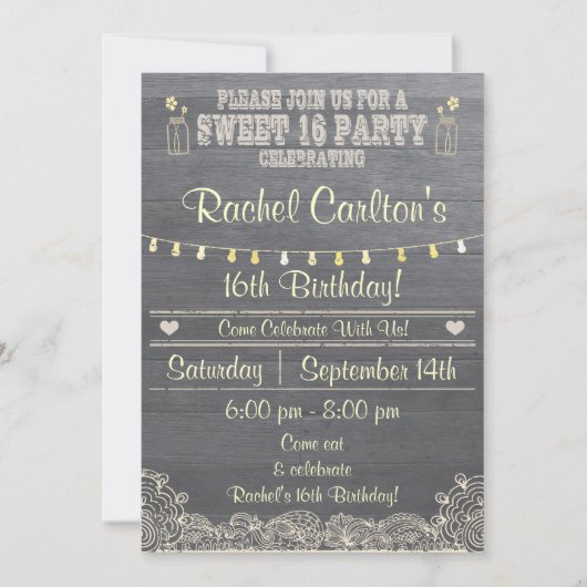 Rustic Mason Jar Sweet 16Birthday Party Uitnodigen Kaart (Voorkant)