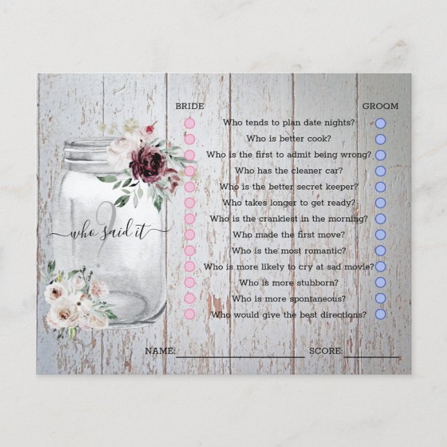 Rustic Mason Jar Vrijgezellenfeest Game (Voorkant)