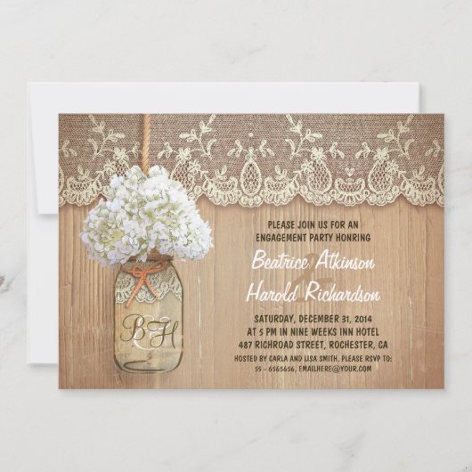 Rustic Mason Jar White Hydrangea verlovingsfeest Kaart (Voorkant)