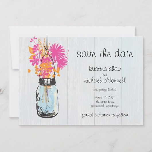 Rustic Mason Jar & Wildflower Sla de datum op Save The Date (Voorkant)