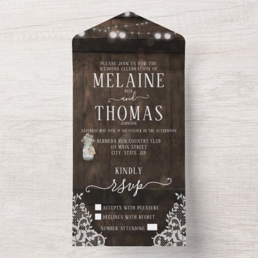 Rustic Mason Jar Wood Barrel Weddenschap All In One Uitnodiging (Binnen)